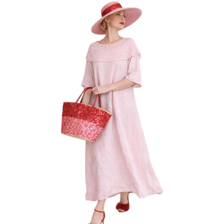 Rochii in - Rochie din in croi larg si guler din dantela