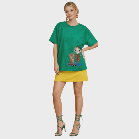 Bluza verde din bumbac cu broderie fetita cu pisica si maneci scurte [2]