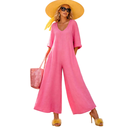 Imbracaminte - Salopeta croi larg din in cu decolteu in V cu maneci