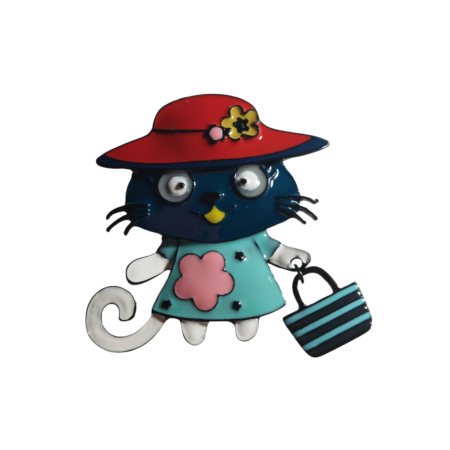 Brose pisici & Brelocuri pisici - Brosa din metal inoxidabil  in forma de pisica imbracata colorata