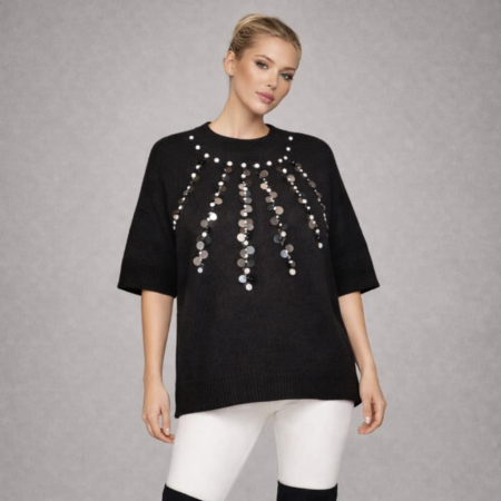 Pulovere - Pulover negru din tricot fin cu aplicatii decorative si accente elegante