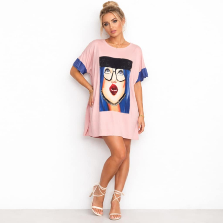 Rochii bumbac - Rochie din bumbac cu imprimeu pe partea din fata cu figura si ochelari