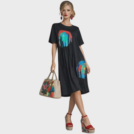 Rochii bumbac - Rochie croi larg din bumbac  tip Desigual cu maneca scurta