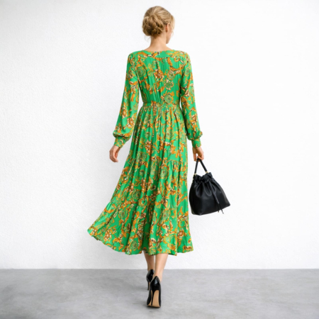 Rochie verde din bumbac  cu imprimeu baroc  si volane [1]