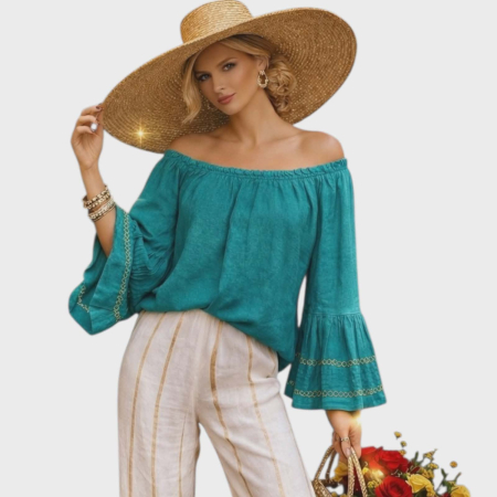 Bluza albastru turcoaz din in croi larg si volane la maneci [3]