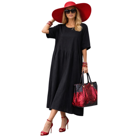 Rochii in - Rochie neagra  lunga din in cu buzunare ascunse laterale