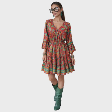 Rochii matase - Rochie din matase indiana cu volane la maneci si poale