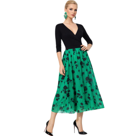 Fusta midi eleganta verde smarald cu imprimeu floral catifelat [2]