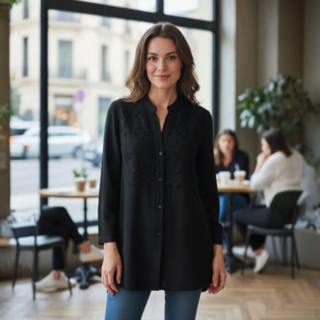 Bluze sezon rece - Bluza Neagra din In cu Placa la Bust din Macrame pentru Sezon Rece