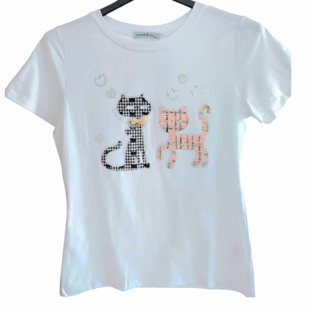 Tricouri pisici - tricou din bumbac cu doua pisici strasuri