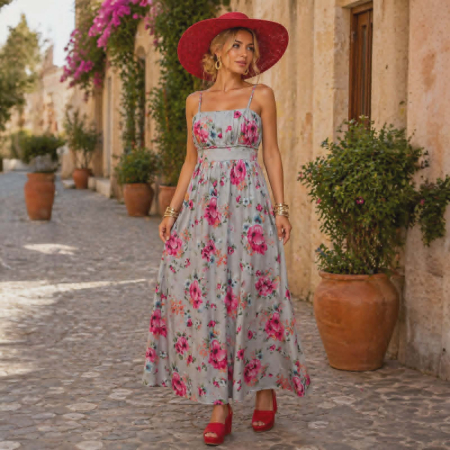 Rochii sezon cald - Rochie din bumbac cu bretele reglabile si imprimeu floral