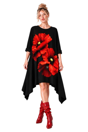 Rochie asimetrica cu impreu flori de mac si buzunare laterale [2]