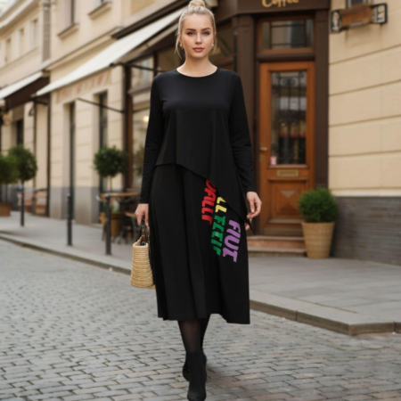 Rochii bumbac - Rochie asimetrica neagra din bumbac cu material suprapus si litere colorate