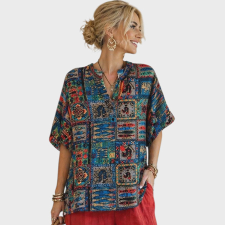 Bluza bumbac - Bluza lejera tip tunica cu imprimeu in  nuante de albastru turcoaz