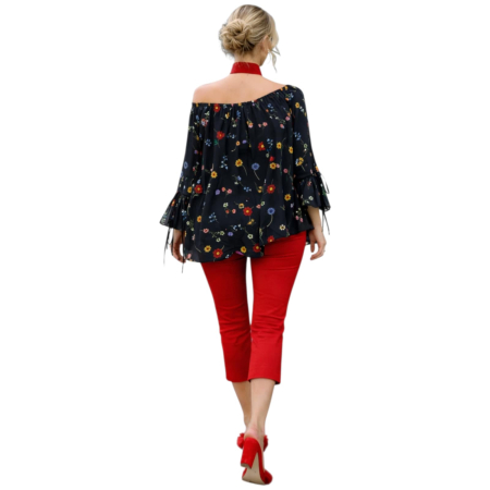 Bluza din voal neagra cu imprimeu floral si decolteu asimetric [2]