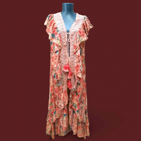 Rochii matase - Caftan Asimetric din Matase cu Dantela si Macrame