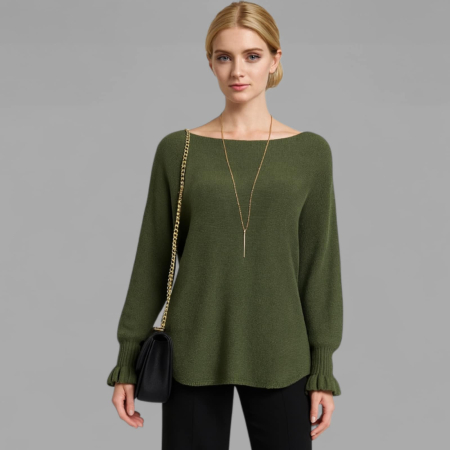 Pulovere - Pulover tricotat verde kaki  decolteu barcuta si volane la maneci