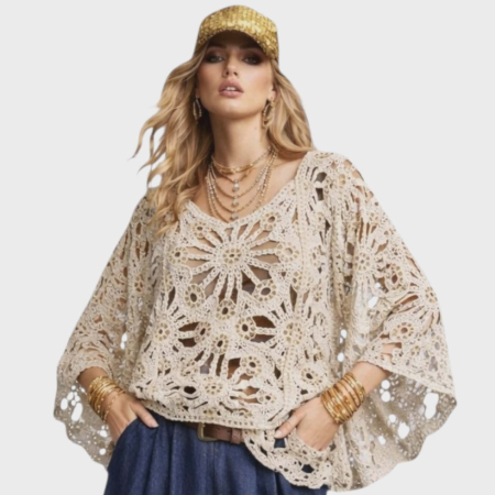 Bluze sezon cald - Bluza crem  din macrame tip poncho asimetrica cu paiete fine aurii