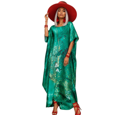 Rochii sezon cald - Rochie lunga din satin tip Kaftan cu  esarfa cadou