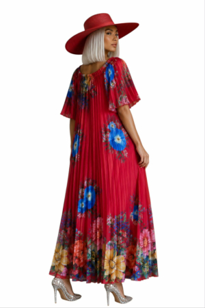 Rochie lunga plisata cu imprimeu floral  si elastic la decolteu [1]