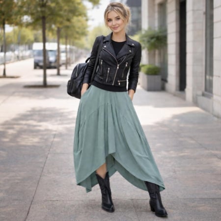 Fuste sezon rece - Fusta asimetrica vernil din bumbac cu banda elastica in talie