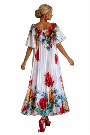 Rochie lunga plisata cu imprimeu floral si elastic la decolteu [1]