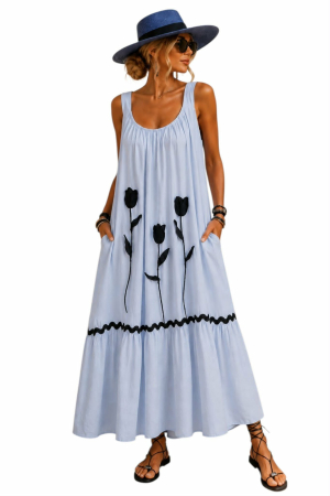 Rochii bumbac - Rochie lunga din bumbac bleumarin pal cu design lalele stilizate