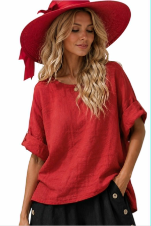 Bluze sezon cald - Bluza din in rosie cu inchidere pe partea din spate cu nasturi