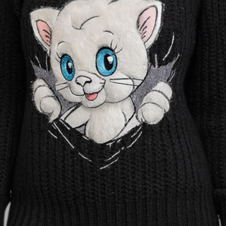 Pulover tricotat gros cu imprimeu pisica pufoasa si decolteu rotund [3]