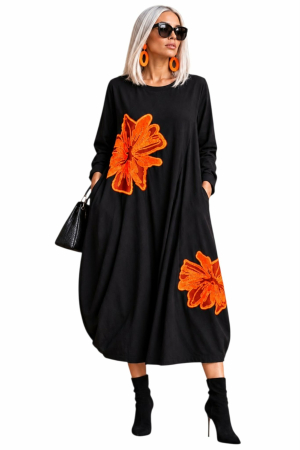 Rochii bumbac - Rochie din bumbac usor balon cu pense si aplicatie florala