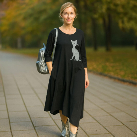 Imbracaminte desene pisici - Rochie neagra din bumbac asimetrica cu pisica argintie cu sclipici argintiu