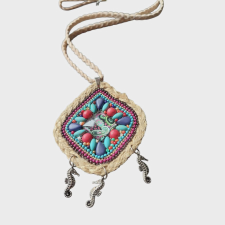 Coliere - Colier snur piele intoarsa impletita cu accesoriu boho cu margele turcoaz