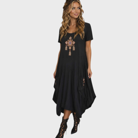 Rochii bumbac - Rochie asimetrica  neagra din vascoza cu buzunare