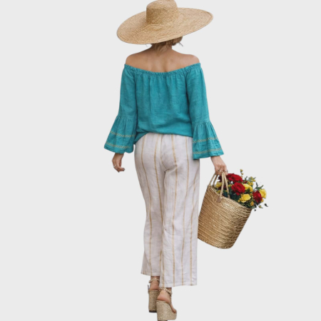 Bluza albastru turcoaz din in croi larg si volane la maneci [2]