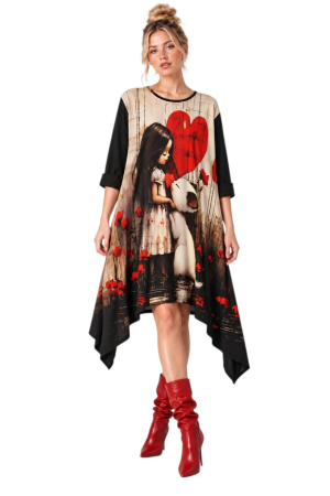 Rochii bumbac - Rochie asimetrica  din bumbac cu buzunare imprimeu fetita si pisica iubita