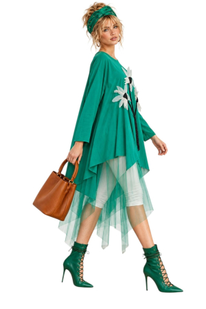Bluza asimetrica verde din vascoza cu tulle si flori in relief [3]