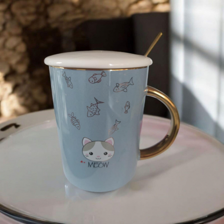 Cani /Cescute pisica/ Seturi - Set Cana si Lingurita cu Capac din Ceramica si Desen Pisica