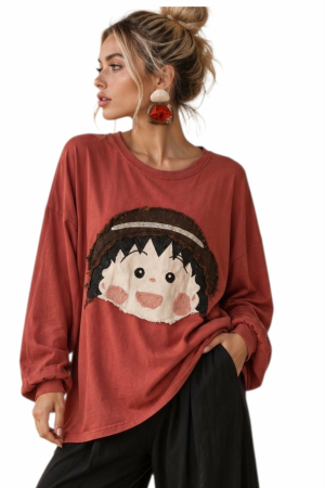 Bluze bumbac - Bluza  din bumbac croi larg cu aplicatie tip zdrenturos