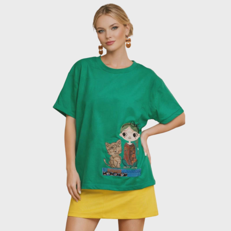 Bluze pisici sezon cald - Bluza verde din bumbac cu broderie fetita cu pisica si maneci scurte