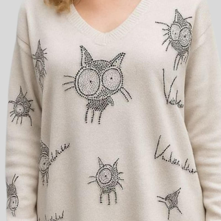 Pulover crem tricot cu strasuri argintii in forma de pisica [2]