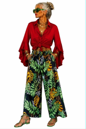 Pantaloni bumbac & vascoza & tricot & poliester - Pantaloni croi larg din bumbac cu imprimeu floral si buzunare