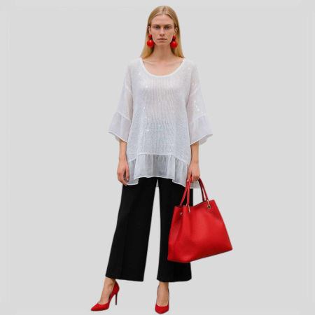 Bluza bumbac - Bluza alba asimetrica cu paiete si matase la maneci si poale