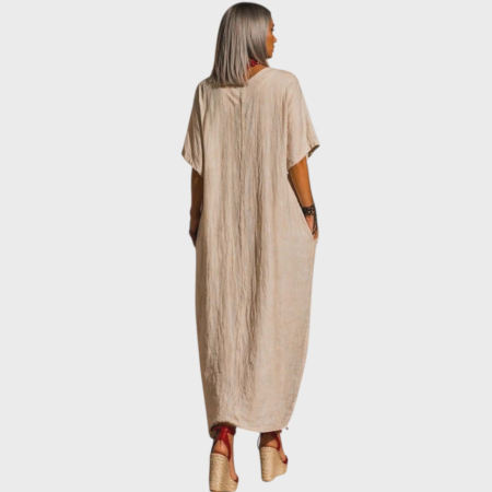 Rochie croi larg  din in crem si buzunare laterale ascunse [1]