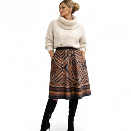 Fuste sezon rece - Fusta midi evazata cu imprimeu geometric in nuante de maro si negru