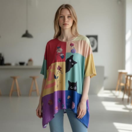 Bluza asimetrica cu print artistic cu pisici si flori [1]