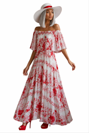 Rochii sezon cald - Rochie lunga plisata din satin cu imprimeu floral rosu