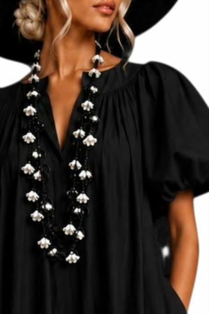 Rochie ampla neagra  din bumbac  cu maneci bufante si guler tunica [1]