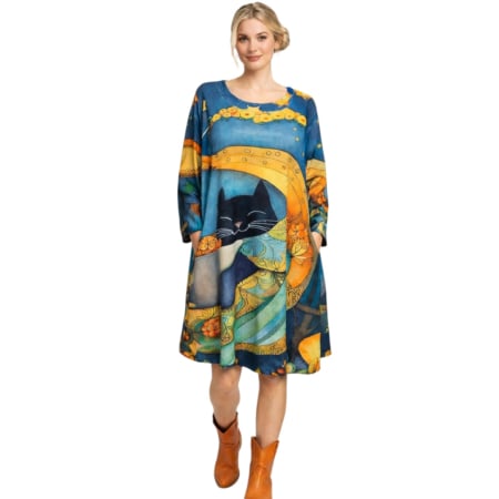 Rochii pisici toamna /iarna - Rochie croi larg din bumbac  si pisica neagra cu buzunare laterale