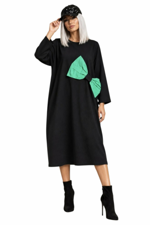 Rochii bumbac - Rochie din bumbac pe fond negru si funda supradimensionata verde