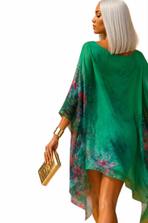 Rochie mini tip poncho din matase si vascoza  cu imprimeu floral [3]